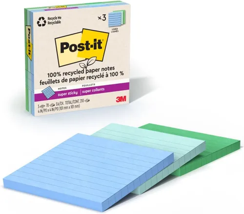 Vista 11 de Post-it Notas Super Adhesivas de Papel 100% Reciclado, 2 Veces el Poder de Adhesión, 4x4 pulgadas, Rayadas, 3 Blocs, 70 Hojas/Bloc, Colección