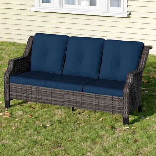 Vista 6 de Sofá de mimbre para patio al aire libre, sofá de 3 plazas, sofá de ratán con asiento profundo y cojines de olefina, respaldo alto, todo tipo de Azul