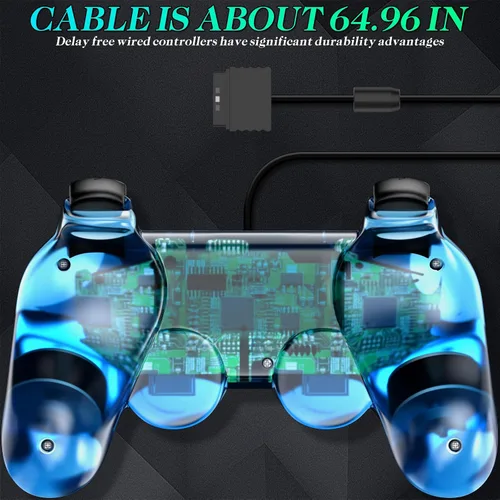 Vista 4 de Degulan Wired Controller for PS2 Double Shock, 2 Pack Gamepad Remote Compatible with Play station 2 (Clear Green and Clear Blue)