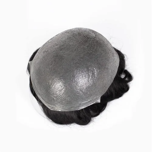 Vista 2 de Amiable Toupee para hombres, postizos de cabello humano para hombre, sistema de reemplazo de cabello humano Vlooped 0.002 in PU piel fina negro
