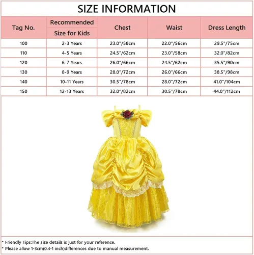Vista 5 de HOIZOSG Belle Princess Dress Up para niñas, Beauty and The Beast, disfraz de Halloween, Navidad, fiesta de cumpleaños, vestido de baile elegante