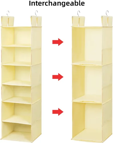 Vista 4 de Posprica Organizador de armario colgante intercambiable: 6 niveles delgados o 3 compartimentos espaciosos, estante plegable de tela de doble cara