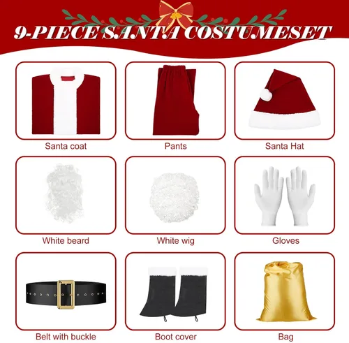 Vista 3 de Santa Claus Costume for Men，9 Piece Professional Santa Outfit