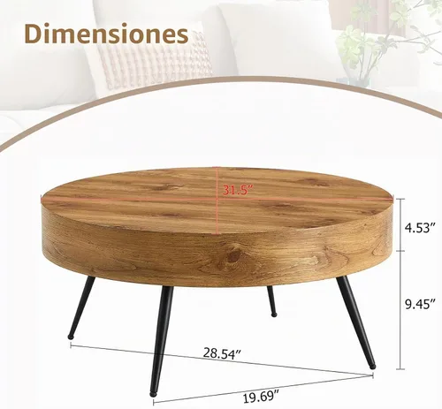 Vista 3 de LKTART Mesa de centro para sala de estar, mesas de centro redondas de madera con almacenamiento, mesa de té moderna de centro de metal para Marrón