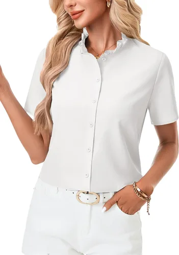 Vista 3 de Rooscier Blusa elegante de manga corta con botones y cuello alto para mujer