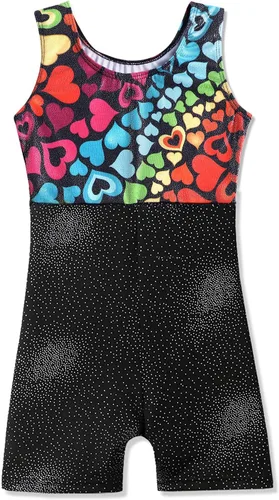 Vista 2 de Leotardo de gimnasia con shorts para niñas, sin mangas, para ciclismo, con diseño de mariposas y flores con brillo, color negro y rosado intenso