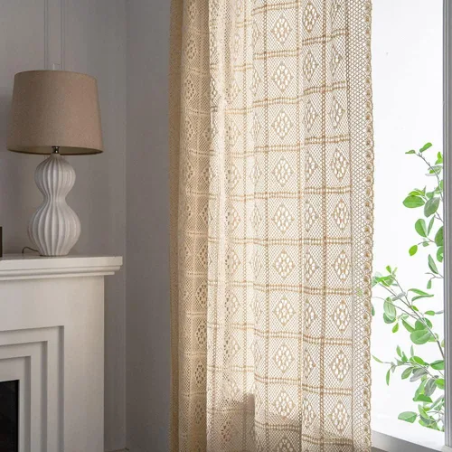 Vista 3 de Cortinas rústicas de ganchillo para sala de estar, paneles de cortina de encaje de punto hueco para dormitorio, bolsillo para barra, cortinas