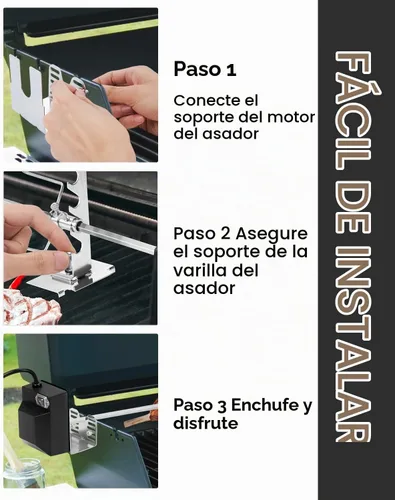 Vista 5 de Kit de parrilla con asador, parrilla BBQ giratoria automática, parrillas universales con certificado UL con motor de 120V 4W, varilla de 28