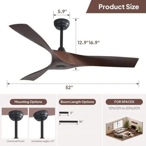 Vista 5 de Sofucor Ventilador de techo de 52 pulgadas sin luz, moderno ventilador de techo de hélice con 3 aspas ABS, motor de CC silencioso, 6 velocidades