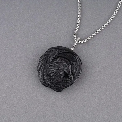 Vista 4 de COAI Collar de obsidiana de cuervo vikingo para hombre