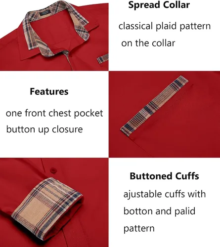 Vista 5 de COOFANDY - Camisa de vestir de algodón con mangas largas, botones y cuello a cuadros, de estilo casual, para hombres