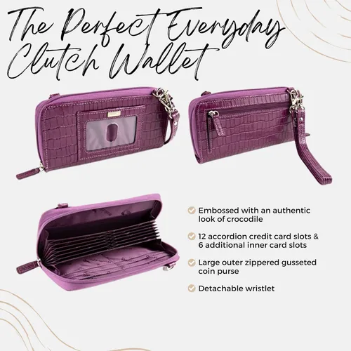 Vista 3 de WalletBe - Cartera de cuero con cremallera RFID doble para mujer con pulsera Croco, Púrpura, Cartera RFID
