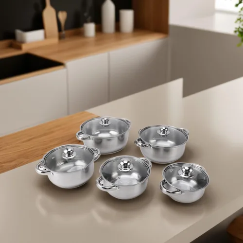 Vista 6 de Generic Juego de ollas de acero inoxidable, elegantes utensilios de cocina con mango de desgaste térmico, tapas de vidrio, base apilable, juego de 5