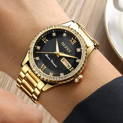 Vista 53 de OLEVS - Relojes de diamantes para hombres, relojes de vestir a prueba de agua, relojes analógicos de cuarzo de lujo con calendario de fecha y correa