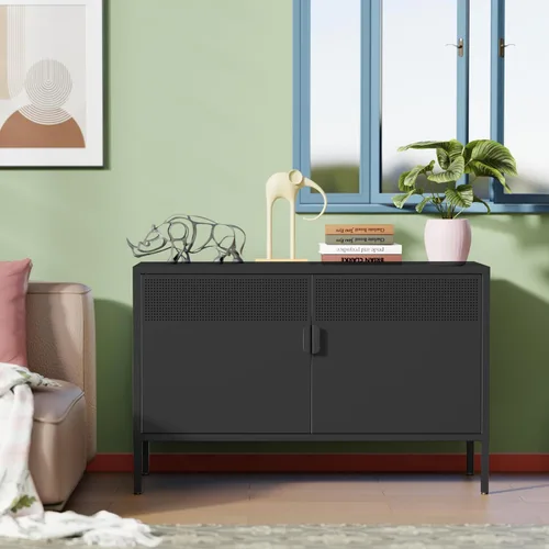 Vista 5 de Gabinete de almacenamiento de metal ancho negro, gabinete de acento de 2 puertas para el hogar y la oficina, gabinete de metal bajo de 2 niveles