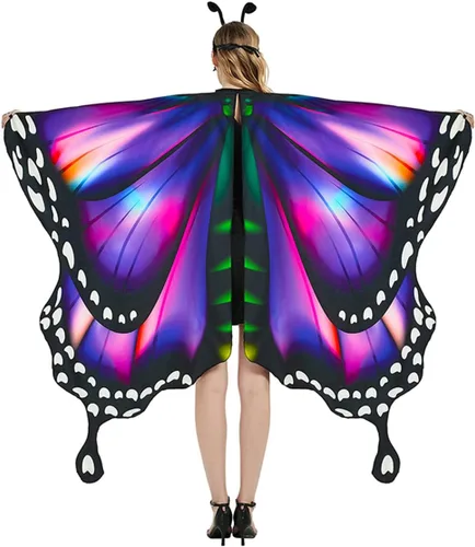 Vista 6 de Disfraz de mariposa de Halloween para mujeres y niñas, tamaño grande, alas de mariposa reversibles de doble cara para adultos y niños