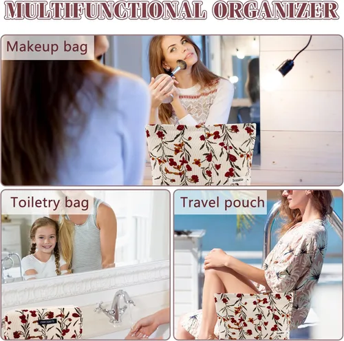 Vista 3 de Juego de 2 bolsas de maquillaje de flores con diseño floral para viajes para mujeres y niñas, bolsa de maquillaje grande con cremallera pequeña