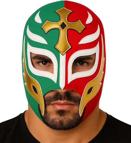 Vista 3 de Escobar REY MISTERIO - Máscara de lucha libre multicolor rojoverde para disfraz, adulto (talla única)