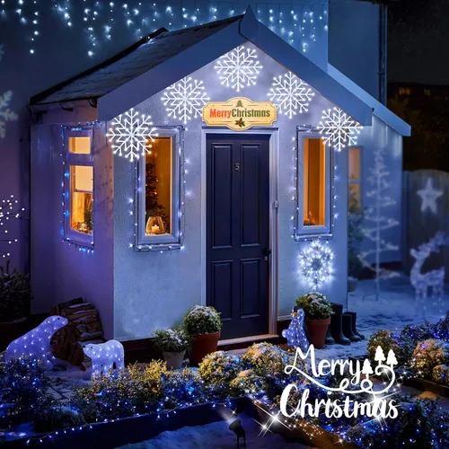 Vista 5 de Luces de Navidad Brightown estilo carámbano para exterior - Enchufe de 3.2 m, 5 gotas, 240 LED, luz de ventana con forma de copo de nieve con 8