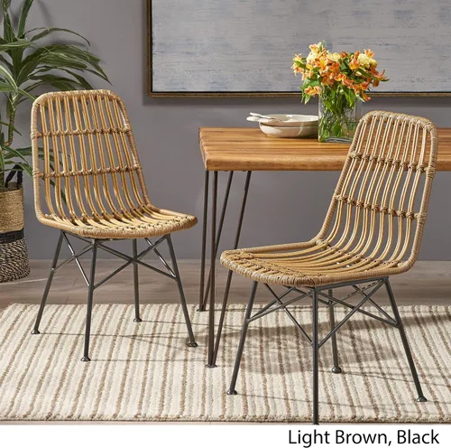 Vista 4 de GDFStudio Sillas de comedor de mimbre para interiores (juego de 2), marrón claro y negro