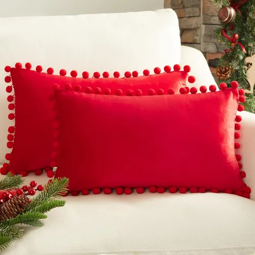 Vista 15 de Top Finel juego de 2 fundas decorativas con pompones para almohada euro, de terciopelo suave, lisas, para sofá, dormitorio o automóvil, 26 x 26 Rosa