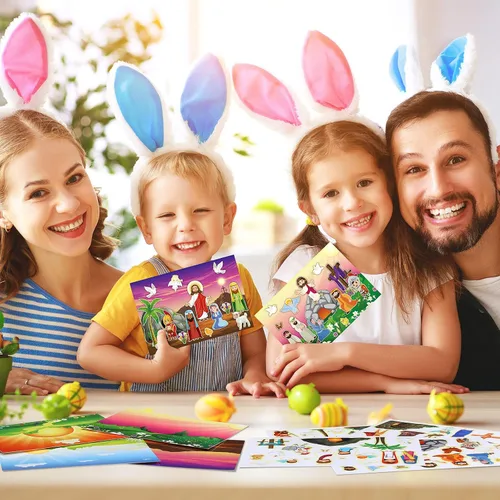 Vista 6 de Outus Juego de 32 calcomanías para hacer una Pascua y escenas con texto en inglés «He is Risen» para fiestas de juegos, actividades en el aula, arte
