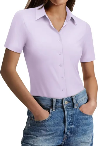 Vista 7 de Gleeivy Camisas con botones para mujer, ajustadas, de manga corta, elásticas, para el trabajo, sin arrugas, blusas de oficina