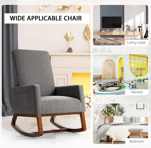 Vista 15 de Giantex Mecedora tapizada, sillón moderno de tela con base de madera, bolsillo lateral, asiento acolchado de lino, silla mecedora con respaldo alto