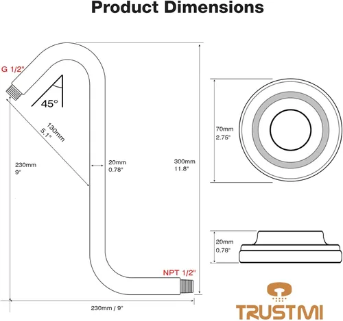 Vista 7 de TRUSTMI Brazo de ducha en forma de S de 12 pulgadas con brida resistente montado en la pared, tubo de extensión de cabezal de ducha con 9 pulgadas