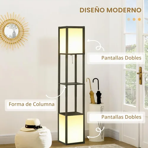 Vista 3 de HOMCOM Lámpara de pie moderna con estantes e iluminación ambiental dual Negro