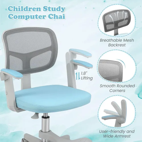 Vista 8 de Giantex Silla de escritorio para niños, silla rodante ergonómica ajustable con reposapiés y apoyabrazos abatibles, silla de oficina para niños