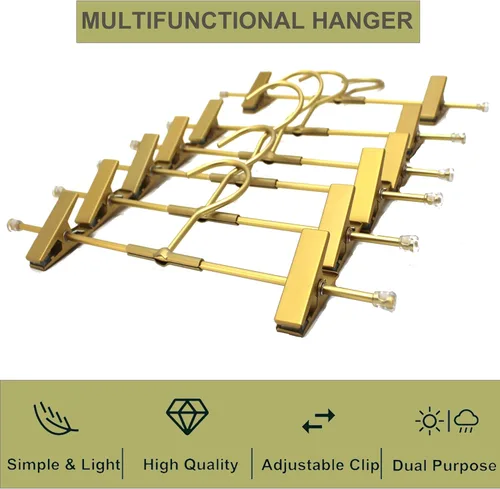 Vista 5 de Percha para pantalones, perchas de aluminio dorado para faldas, 2 clips ajustables, perchas de ropa resistentes que ahorran espacio, percha duradera