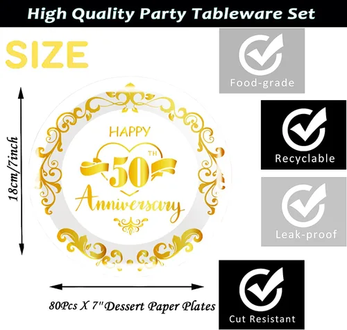 Vista 2 de 80 platos de papel para aniversario del 50 aniversario, suministros de fiesta de boda dorados, platos de postre de 7 pulgadas, para decoración