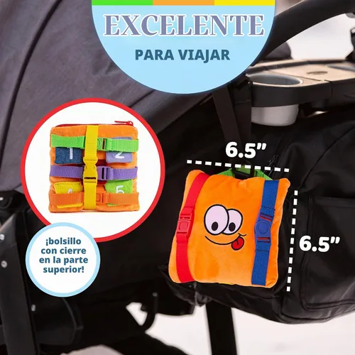 Vista 5 de BUCKLE TOY "Bizzy" - Aprendizaje Temprano bebés habilidades básicas de vida Actividad de viaje felpa niños.