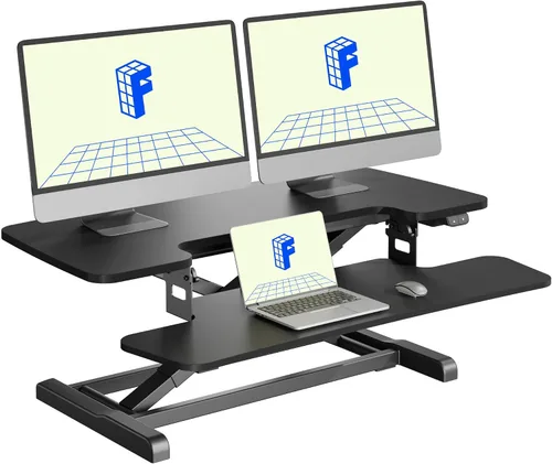 Vista 8 de FLEXISPOT Convertidor eléctrico de escritorio de pie de 32 pulgadas, elevador de escritorio motorizado para sentarse a pie, monitor de escritorio