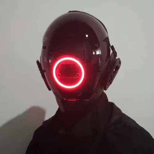 Vista 3 de KYEDAY Máscara punk cosplay para hombres, máscara de luz redonda LED para mujeres, cosplay, Halloween, fiesta, festival de música, accesorios