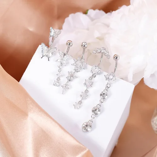 Vista 3 de REVOLIA 5 anillos de ombligo de acero quirúrgico de 14G para mujeres y niñas, anillo de ombligo curvado, circonita cúbica, mariposa, barra