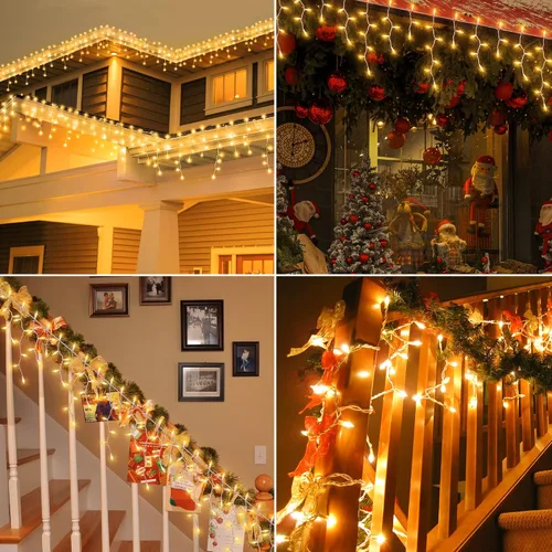 Vista 3 de 200 luces de carámbanos de Navidad, blanco cálido, cable blanco de 23 pies de largo