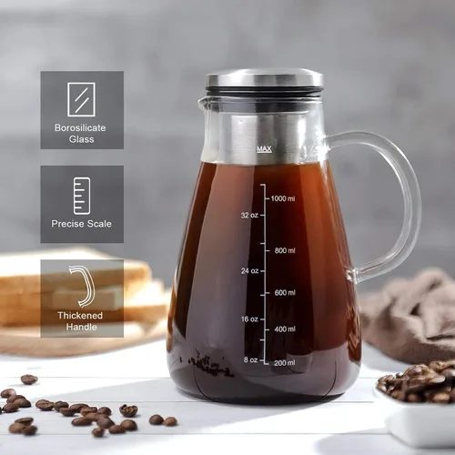 Vista 3 de YMMIND Cafetera fría de 34 onzas, cafetera preparada con filtro extraíble de doble malla de acero inoxidable 304, recipiente de vidrio sin BPA