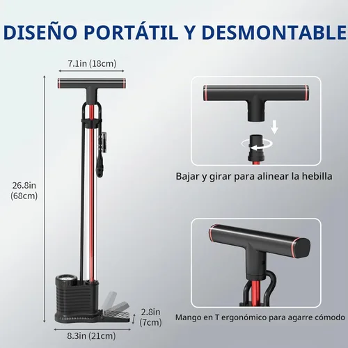 Vista 2 de Bomba de bicicleta con cilindro transparente y medidor de precisión, bomba de aire de alta presión de 160 PSI para válvulas Presta y Schrader