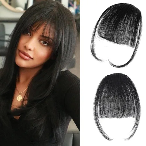Vista 7 de YBYMCAI Flequillo con clip - Flequillo de pelo humano real, flequillo marrón negro, flequillo falso, flequillo de pelo humano, flequillo tenue