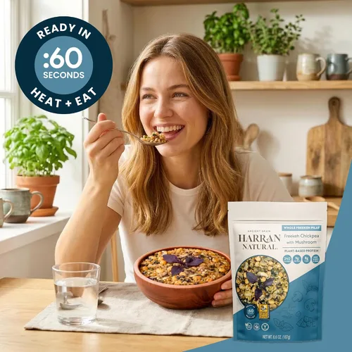 Vista 8 de Harran Natural Freekeh Pilaf – Grano antiguo, alto en proteínas, vegano, comida lista sin OMG con champiñones, albahaca roja y garbanzos asados, 6.6