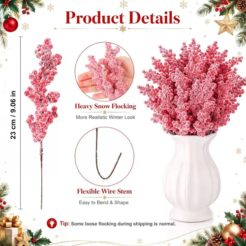 Vista 3 de Riceshoot Paquete de 100 tallos artificiales de Navidad de bayas rojas de 9