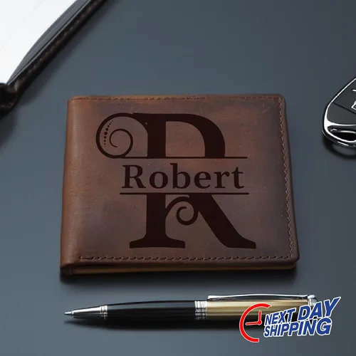 Vista 2 de Customized Wallet For Dad Husband, Genuine Leather Personalized Mens Wallet, Custom Leather Wallet For Men, Personalized Engraved Full Grain Leather