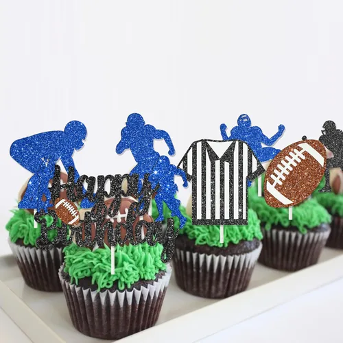 Vista 7 de 24 decoraciones de fiesta de fútbol con purpurina para cupcakes, decoración de fiesta de cumpleaños, decoración de pastel de rugby para jugadores