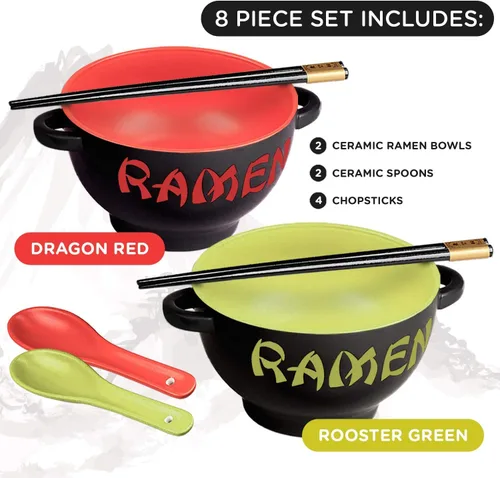 Vista 2 de World Market - Juego de 2 cuencos de cerámica japonesa para ramen, cucharas de sopa y palillos, cuencos para servir fideos, ramen, udon, miso