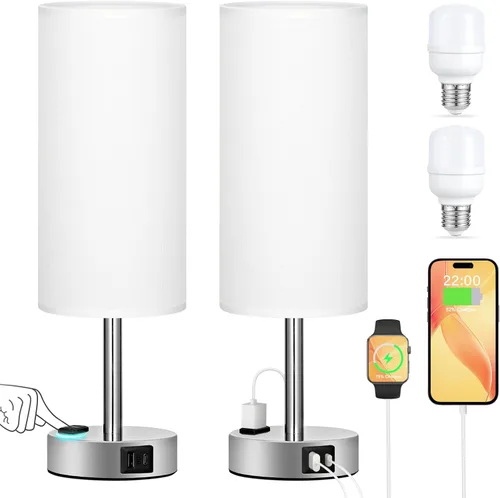 Vista 10 de Juego de 2 lámparas de mesa táctiles para dormitorio en blanco, lámparas de noche regulables de 3 niveles con puertos USB C y A, lámparas de mesita