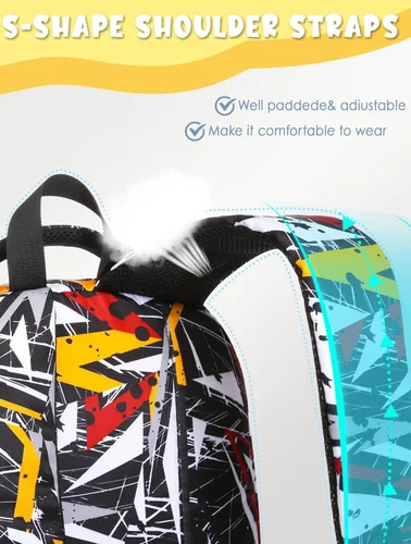 Vista 8 de BLUEFAIRY Mochila escolar para niños de regreso a la escuela, bolsa de libros, Negro Blanco, Triángulo