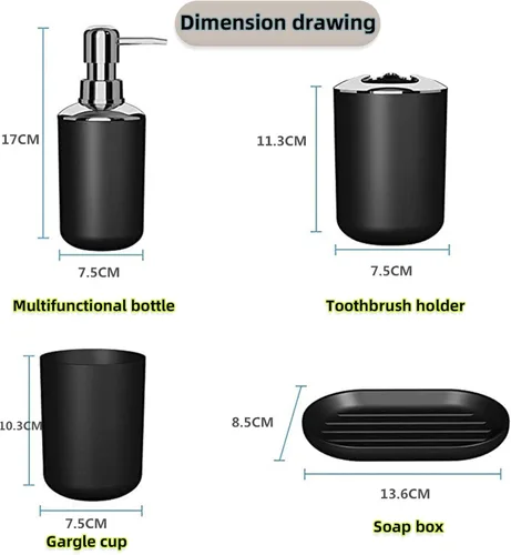 Vista 2 de Juego de 4 accesorios de baño, con dispensador de jabón, botella, cepillo de dientes y soporte para pasta de dientes, taza para cepillos de dientes