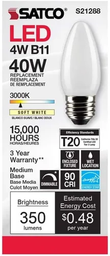 Vista 4 de Satco 6Pk 4w B11 LED 3000K base media esmerilada regulable - 40 W equiv